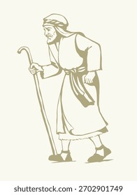 Adult wise devote middle age male jew israeli trip white robe cloth hold cane look view. Hand drawn black retro muslim uae turkey desert guy Paul pray god jesus christ faith believe path way islam art