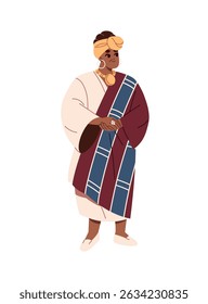 Adult woman of African descent, nationality in traditional dress, headwear stands. Happy black girl is wearing ethnic clothes, gold jewelry. Flat isolated vector illustration on white background.