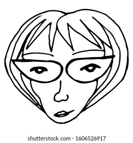 An adult woman with big glasses and a grin on her face. Fashionable hairstyle and strong character make up the illustrations. Suitable for the theme of feminism or fashion.