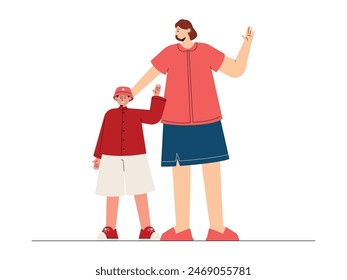 An adult woman and a boy, age difference, diversity vector illustration.