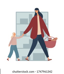 Adult woman in casual clothes carrying basket with food and holding hand of little girl while walking near shelf in contemporary grocery shop