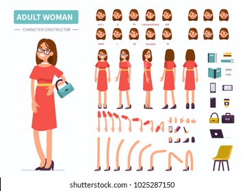 
Adult Woman Character Constructor For Animation. Front, Side And Back View. Flat  Cartoon Style Vector Illustration Isolated On White Background.  