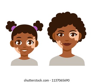 Adult woman and child with vitiligo. Cute cartoon black girl character, vector illustration.