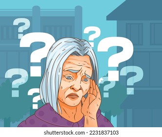 The adult woman is confused. The adult woman get lost.  Alzheimer's disease. Healthcare illustration. Vector illustration.