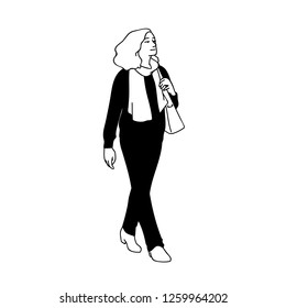 Adult woman with curky hair taking a walk, looking far away. Monochrome vector illustration of woman in casual wear and scarf walking somewhere alone isolated on white background. Hand drawn sketch.