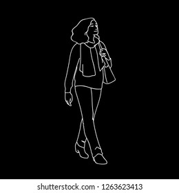 Adult woman with curky hair taking a walk, looking far away. Concept. Vector illustration of woman in casual wear and scarf walking somewhere alone. White lines isolated on black background.