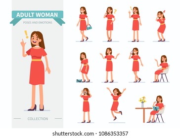 Adult woman different poses and emotions. Flat style vector illustration isolated on white background.
