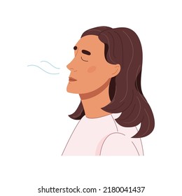 Mujer adulta haciendo ejercicios respiratorios. Las heces profundas hembras y exhalan el aire. Relajación, concepto de alivio del estrés. Ilustración vectorial de diseño plano aislada en fondo blanco