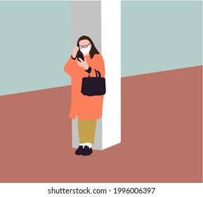 Adult woman with glasses and protective mask, checking social media on mobile phone at the public during an epidemic. Concept of social distance and online communication.