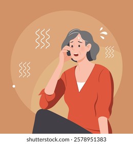 Adult woman with grey hair suffering from menopause. Old woman is sweating from the heat. Headache, stress and negative emotions. Vector flat illustration in cartoon style.