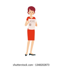 An adult woman in her red dress standing with a newspaper in hands and reading the news. A woman reads a newspaper and news. Isolated vector illustration on white background in flat cartoon style.