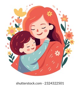 adult woman holding her baby son with love to illustrate mother's day or motherhood minimalist vector illustration