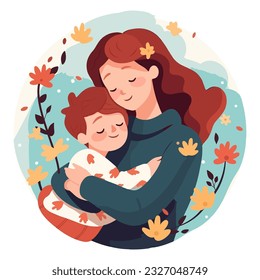 adult woman holding her baby son with love to illustrate mother's day or motherhood minimalist vector illustration