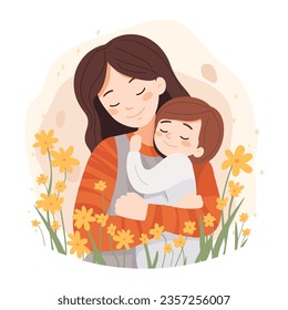 Adult woman holding her baby son with love to illustrate mother's day or motherhood minimalist vector illustration