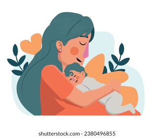 adult woman holding her baby son with love to illustrate mother's day or motherhood minimalist vector illustration.