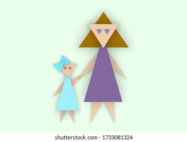 Adult woman holds child girl’s hand, vector illustration in abstract style of paper cut from triangles