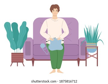 Adult woman knitting hand made blue scarf on white background. Girl working with threads in ball. Female character sitting on sofa with knitting needles in her hands. Person looks at hand-made cloth