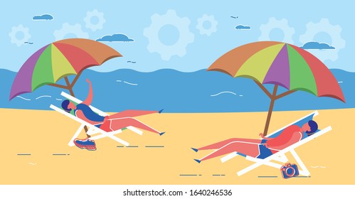 Adult Woman Lying on Chaise and Relaxation under Umbrella. Tourist Enjoy Summertime in Seashore. Female Character Rest near Ocean under Summer Sky. Modern Flat Cartoon Vector Illustration