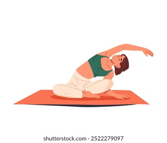 Mulher adulta fazendo exercício de ioga. Desenho de vetor feminino em pose de alongamento. As pessoas estendem o treinamento ou o treino. Atividade física ou ginástica feminina, ginástica e flexibilidade, aeróbica.Postura de relaxamento