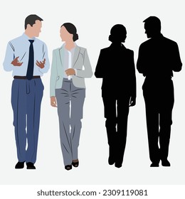 Adult Woman and Man as Business Partners Going to the Office, Silhouette Style with Portrait