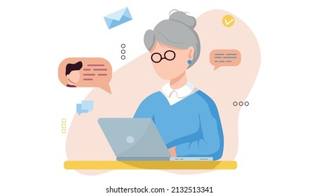 An adult woman manager works at a computer. Online manager remote work. The concept of inclusion and tolerance at work.