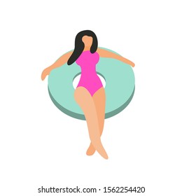 Adult woman on chilled sleep pose over floating beach balloon donut vector illustration