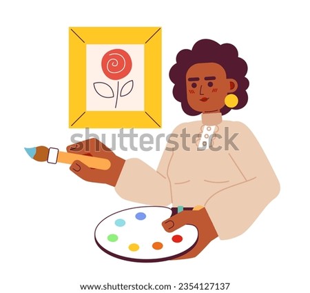 Adult woman painting picture semi flat color vector character. Editable half body artist with paintbrush and color palette on white. Simple cartoon spot illustration for web graphic design