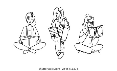 adult woman reading floor vector. indoors room, leisure beautiful, learning girl adult woman reading floor character. people black line pencil drawing illustration
