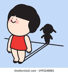 Adult Woman With Shadow Of Playful Child Concept Card Character illustration