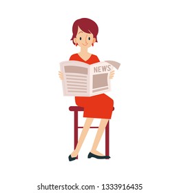 An adult woman sits on a chair in her red dress and reads a newspaper with the news. A woman reads a newspaper and news, isolated vector illustration on white background in flat cartoon style.