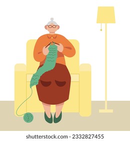 Adult woman sitting in a chair and knitting sweater. Elderly, senior human spending time at home. Older peoples activities and hobby. Flat vector illustration in green and yellow colors