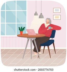 Adult woman sitting on chair at home or restaurant at cozy table drinking coffee vector illustration. Female character having lunch in apartment, drinking, enjoying free time resting after work