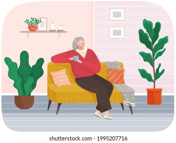 Adult woman sitting on couch at home drinking coffee resting after work, thinking about something. Female character stay in apartment sitting on sofa, drinking tea, enjoying free time, dreaming