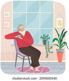 Adult woman sitting on couch at home drinking coffee resting after work, thinking about something. Female character stay in apartment sitting on sofa, drinking tea, enjoying free time, dreaming