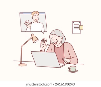 Adult woman sitting at table with computer and having video call with grandson. Older peoples activities and hobby. Hand drawn style vector design illustrations.