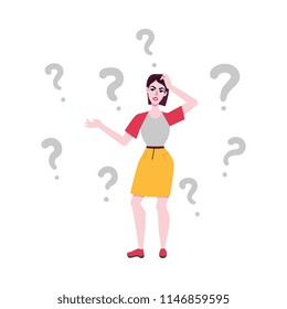 Adult woman in skirt, casual clothing standing in thoughtful pose spreading hands, scratching head with negative emotions with questions around. Vector illustration, full lenght portrait