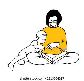 An Adult Woman With A Square In A Yellow Jacket Reads A Book To A Baby. Vector Doodle Lineart.