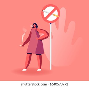 Adult Woman Stand Outdoors Enjoying Smoking Cigarette in Public Place near Prohibited Sign. Female Character Having Tobacco Addiction. Health Care and Social Problem. Cartoon Flat Vector Illustration