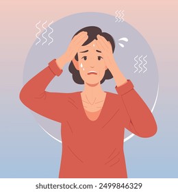 Adult woman suffering from menopause. The woman is sweating from the heat and holding her head. Headache, stress and negative emotions. Vector illustration.