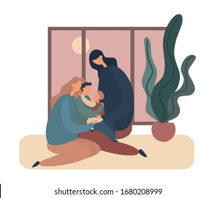 Adult woman and teen girl hugging baby and little boy while sitting on floor near potted plant against window in evening in cozy apartment