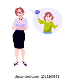 Adult woman thinking about childhood, flat vector illustration isolated on white background. Office worker or businesswoman remembering about her past. Child in speech bubble playing with ball.