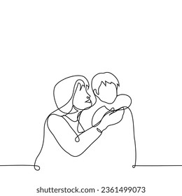 adult woman tries to cuddle or kiss a kid on the cheek who is either shy or doesn't want it - one line art vector. concept adult cuddling cute baby, non-tactile child and tactile adult