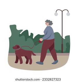 Adult woman walking outside with dog, resting in park. Older peoples activities and hobby. Recreation outdoors concept. Elderly human spending time at outside. Flat vector illustration