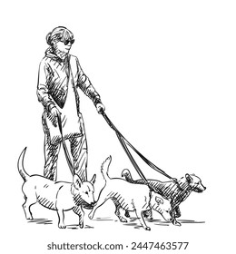Adult woman walking three dogs on a leash, Hand drawn illustration, Vector sketch people with pet animals