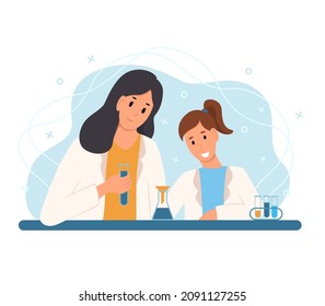 Adult women and child carrying out the experiment. Chemistry experiment concept. Vector illustration in flat style 