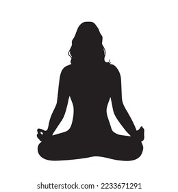 Adult women with curly long hair with sitting yoga pose vector icon silhouette isolated on plain white background. Duduk bersila. Zen body pose with simple flat art style.