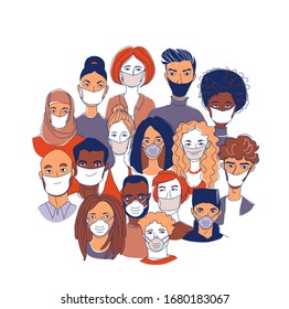 Adult Women Men Children Pattern Background. Diverse Crowd Group Of People Wearing Medical Masks Protection Coronavirus Epidemic. Hand Drawn Line Drawing Doodle Vector Illustration Poster