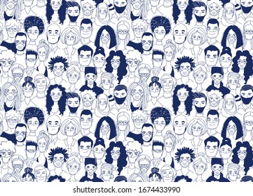 Adult Women Men Children Seamless Pattern Background. Diverse Crowd Group Of People Wearing Medical Masks Protection Coronavirus Epidemic. Hand Drawn Line Drawing Doodle Vector Illustration Poster