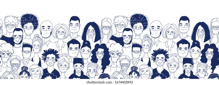 Adult Women Men Children Seamless Pattern Background. Diverse Crowd Group Of People Wearing Medical Masks Protection Coronavirus Epidemic. Hand Drawn Line Drawing Doodle Vector Illustration Poster