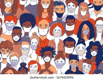 Adult women men children seamless pattern background. Diverse crowd group of people wearing medical masks protection coronavirus epidemic. Hand drawn line drawing doodle vector illustration poster